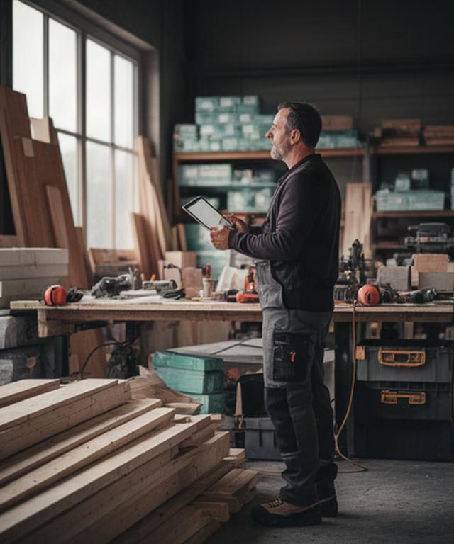 Bauunternehmer in einer Werkhalle in Emmen prüft Projektzahlen und Materiallieferungen