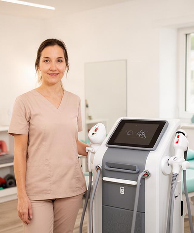 Physiotherapeutin in einer Luzerner Praxis neben einem modernen Lasergeraet